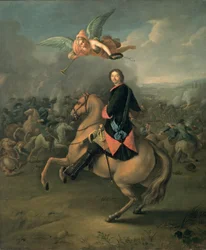 Porträt von Peter dem Großen vor dem Hintergrund der Schlacht von Poltawa